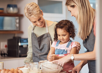 Grandma, mother and child baking in kitchen together while girl learns to mix cake mixture, pancake...