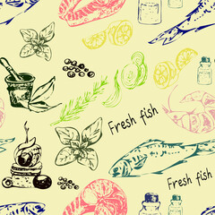 Seamless pattern of seafood and spices in graphic style. Animal sea products vintage sketch.