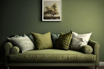 Olive colored sofa with cushions. Interior design illustration of a couch reated using generative AI tools.