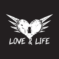 Heart wings Illustration with text love and life black and white grunge style premium vector