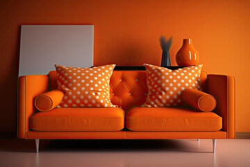 Orange colored sofa with cushions. Interior design illustration of a couch reated using generative AI tools.