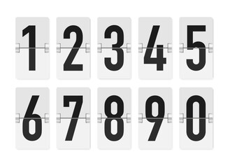 Counter numbers display. Vector flip clock numbers, countdown digits animation, mechanical scoreboard number. Clock counter with scoreboard of hour, minutes for web design, arrival time panel