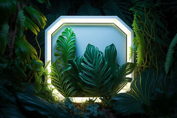 White Neon Light with Tropical Plants. Hexagon-shaped Fluorescent Frame in Nature Environment. Generative Ai,  nature, neon, light, white, hexagon, fluorescent.