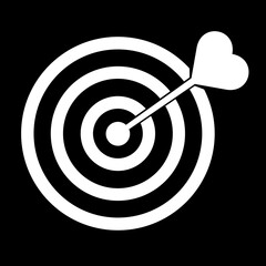 Target icon, white color heart arrow on target, flat style trendy drawing object. Success idea concept illustration graphic element isolated on dark background.