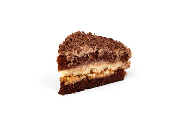 Fototapeta na wymiar A slice of chocolate biscuit cake with layers of boiled condensed milk and meringue glazed chocolate cream and milk chocolate chips on a white background.