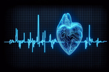 Emergency EKG monitoring. Blue glowing neon heart pulse. Heart beat. Generative Ai. Electrocardiogram, Emergency, EKG, monitoring.