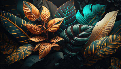 Background of colorful leaves of tropical palm trees and plants created with generative AI technology