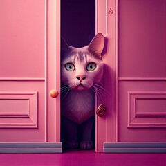 Cat peeking out of a door. Generative AI