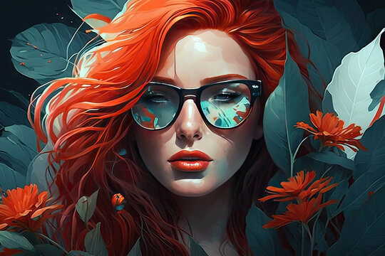 Beautiful red head woman wearing sunglasses created with Generative AI technology