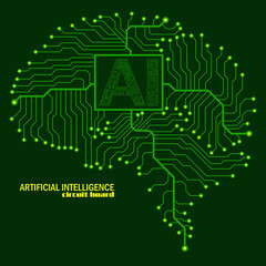 Abstract technological brain with Artificial Intelligence. Neon circuit board brain. Vector