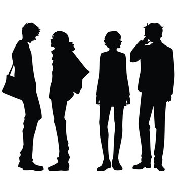 Vector silhouettes of  men and a women, a group of standing  business people, couple, black color isolated on white background
