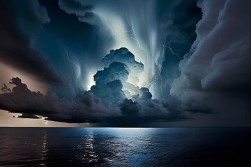 This striking photograph captures the intensity of a storm brewing on the horizon. The deep navy blue of the sky contrasts with the bright white lightning that illuminates the clouds - obrazy, fototapety, plakaty