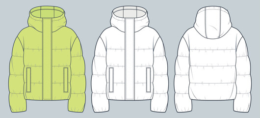 Unisex quilted padded Jacket technical fashion Illustration. Hooded down Jacket technical drawing template, crop, pocket, front and back view, white, yellow, women, men, unisex CAD mockup set. © Liubov Hladka