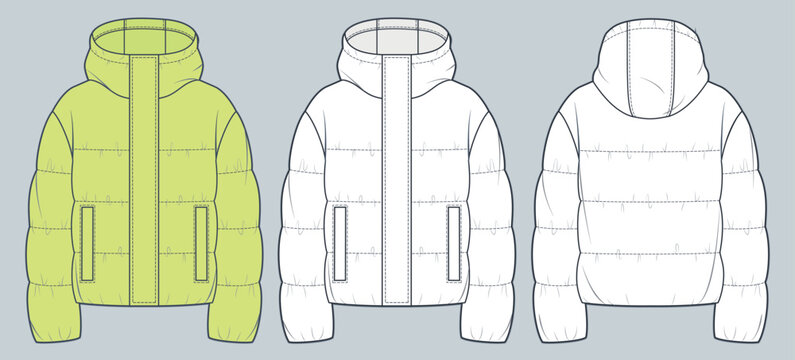 Unisex quilted padded Jacket technical fashion Illustration. Hooded down Jacket technical drawing template, crop, pocket, front and back view, white, yellow, women, men, unisex CAD mockup set.