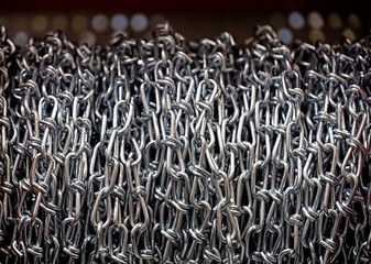 Metal chains in silver color vertical background close up view
