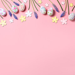 Fototapeta na wymiar Easter card with flower design eggs, hyacinths, flower decor on pastel pink background
