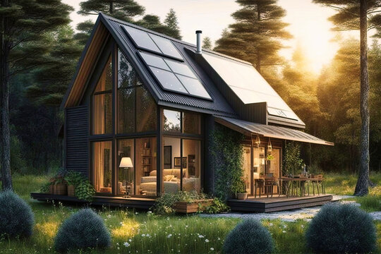 Exterior of ecologic cottage with big french windows and photovoltaics panels - Generative AI