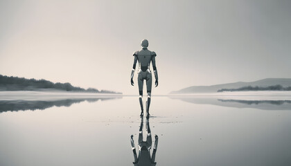 Minimalistic Generative AI Robot Walking into the Sunset
