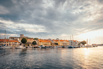 Summer sunset over Sweden's sailing capital on the Swedish West Coast in Marstrand, Sweden.