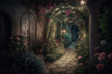 Fototapeta premium splendid image of a beautiful and magical garden illuminated at night.
