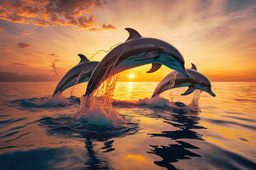 beautiful image of several dolphins jumping at sunset.