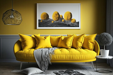 Turmeric yellow colored sofa with cushions. Interior design illustration of a couch reated using generative AI tools.