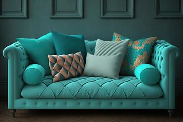 Turquoise colored sofa with cushions. Interior design illustration of a couch reated using generative AI tools.