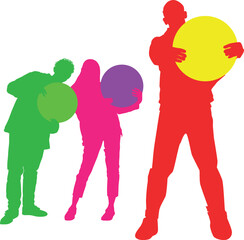 colored silhouettes of young people as a neutral background for text. Board, label, background, isolated silhouettes, you can replace the circle shape with other shapes as you wish (hands are superimp