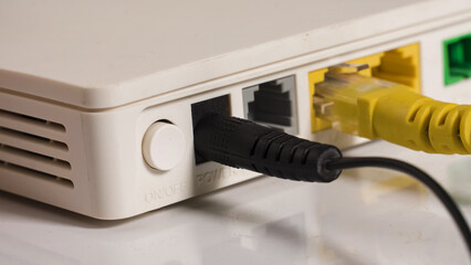 computer lan network cable in the router closeup