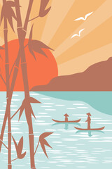 Abstract simple contemporary poster with bamboo branches, a pond with fishermen in a boat against the backdrop of mountains and the sun. Vector graphics.