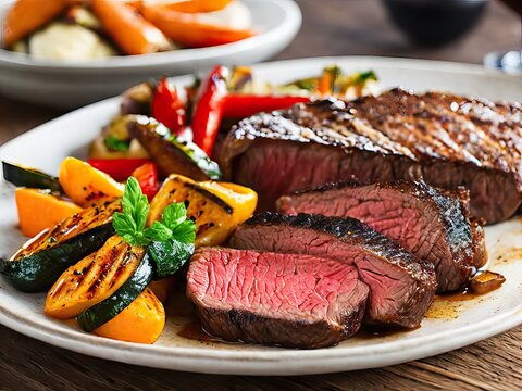 Delicious grilled stake and vegetables served on a wooden table. Generative AI