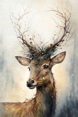Close up of a deer with decorated antlers watercolor, Generative AI