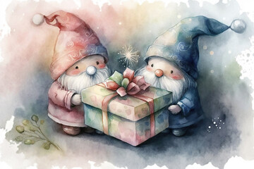 Two cute little gnomes with a present watercolor, Generative AI
