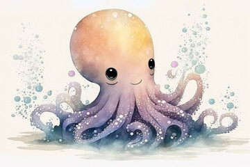 Cute smiling octopus watercolor, Generative AI