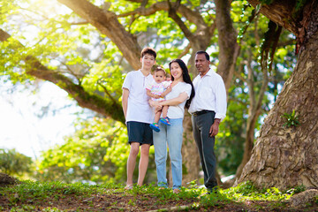 Family in summer park. Parents and kids outdoor.