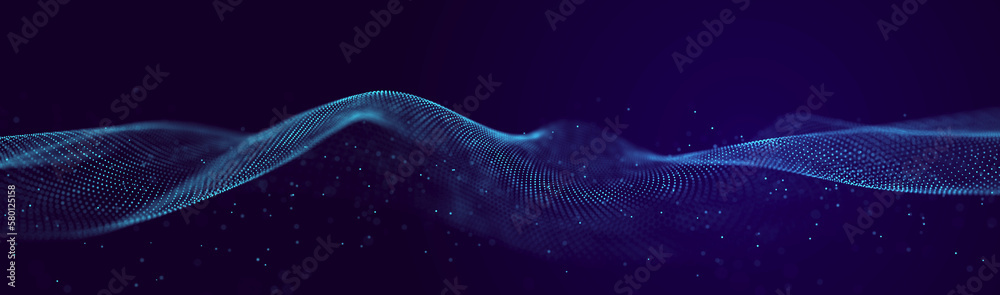 Poster Digital technology. Futuristic background of glowing particles in motion. Large amount of data. 3D rendering.