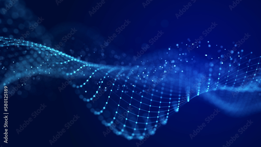 Fototapete Big data visualization. The musical stream of sounds. Abstract background with interweaving of dots . 3D rendering.