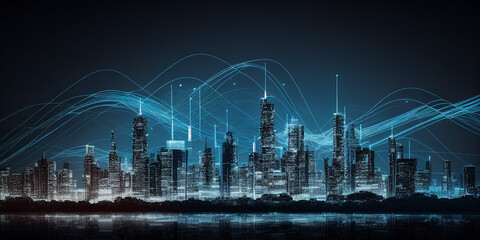 Metropolis : The modern creative communication and internet network connect in smart city . Concept of 5G wireless digital connection and internet of things future