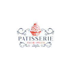 Obraz premium Pastry desserts and sweet cakes sketch lettering for patisserie or cafeteria and bakery cafe. Vector calligraphy for chocolate cupcake, tiramisu or muffin and cheesecake for pastry shop