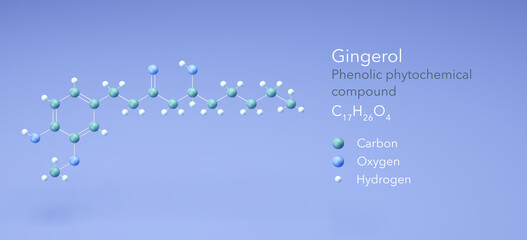 gingerol molecule, molecular structures, phenolic phytochemical compound, 3d model, Structural Chemical Formula and Atoms with Color Coding