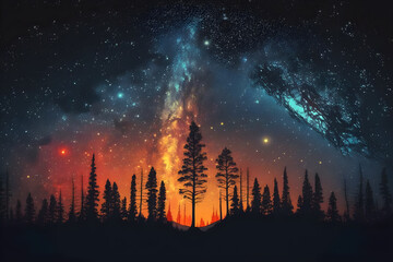 Forest landscape with starry sky with colorful galactic nebula / Generative AI