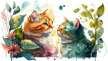 Watercolor illustration of cats. Cute watercolor cats with flowers and plants. Romantic watercolor illustration of cats. Generated by AI.
