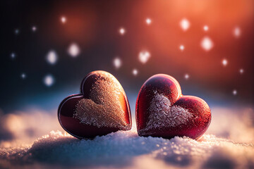 Fototapeta premium Red hearts in the snow with frost and heart shaped bokeh in the background. Valentines day romance generative ai