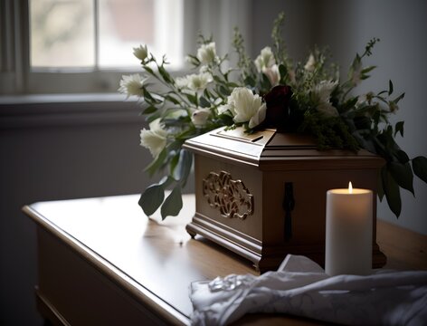 Small casket with flower arrangement and candle at funeral