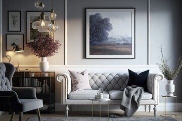 Beautiful minimal design living room with couch, chair, light colors, lights, frame at the wall in the background, interior idea - Generative AI