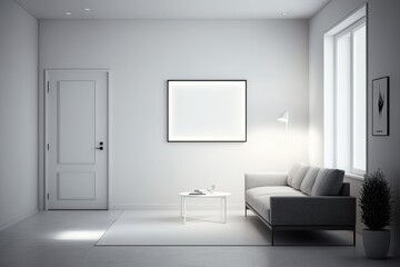 Beautiful minimal design living room with couch, chair, light colors, lights, frame at the wall in the background, interior idea - Generative AI