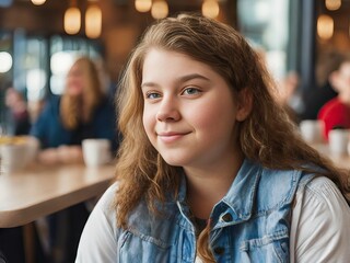 A pretty big European girl with overweight smokes in an outdoor cafe. Problems of smoking among women. The effect of smoking on weight and shape