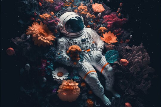 Astronaut laying in the colorful flower garden with top view. Concept of the relaxation in space cinematic fantasy dark light. Finest generative AI.
