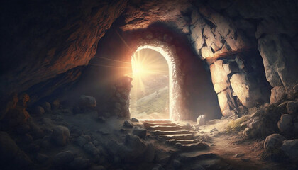 Crucifixion and Resurrection. He is Risen. Empty tomb of Jesus with crosses in the background and cinematic lighting. Ai generated image - 580128150