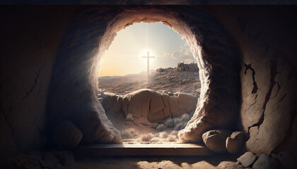 Crucifixion and Resurrection. He is Risen. Empty tomb of Jesus with crosses in the background and cinematic lighting. Ai generated image